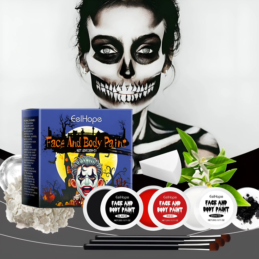Halloween makeup palette set with red black white cream palettes brushes and sponge in box