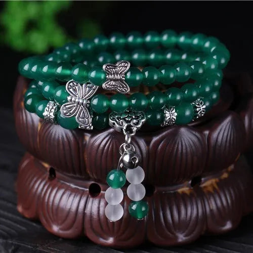 Natural green agate multi-layer bracelet with 6mm beads and three circles