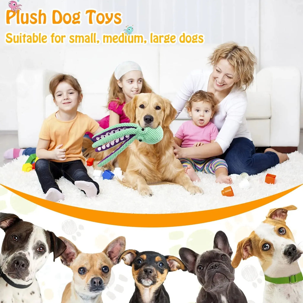 Blue plush octopus dog toy with long legs and cartoon eyes for chewing and interactive play.