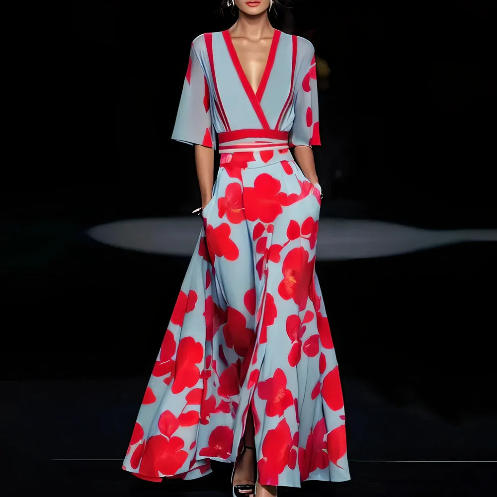 Women's summer V-neck A-line dress in red flower print, short split sleeves, belt included, sizes S-3XL polyester fabric