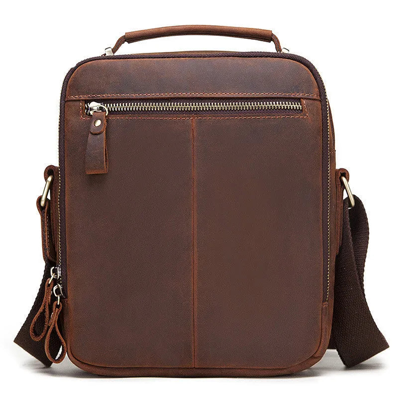Men's brown genuine leather crossbody bag with retro sewing detail and single shoulder strap