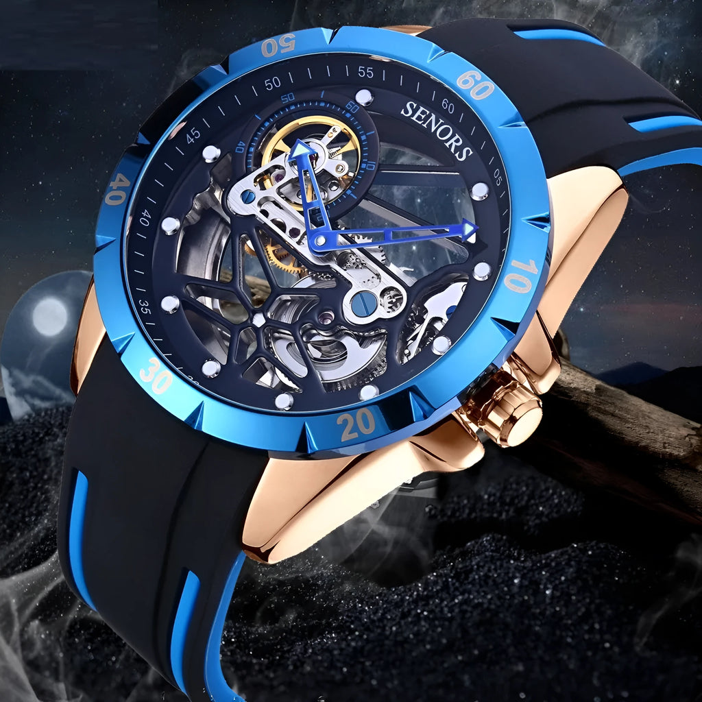 Automatic mechanical men's watch with skeleton dial in rose gold case