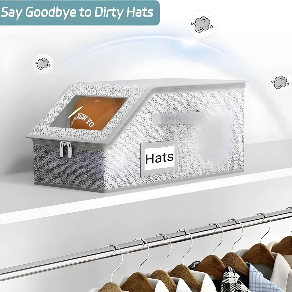 Grey foldable woven fabric storage box for baseball caps and shoes, shown with dimensions 42cm by 22cm by 17cm.