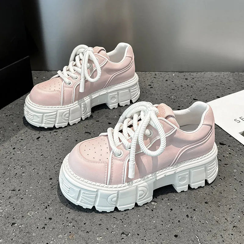 Women's beige leather casual shoes with muffin bottom design for height increase