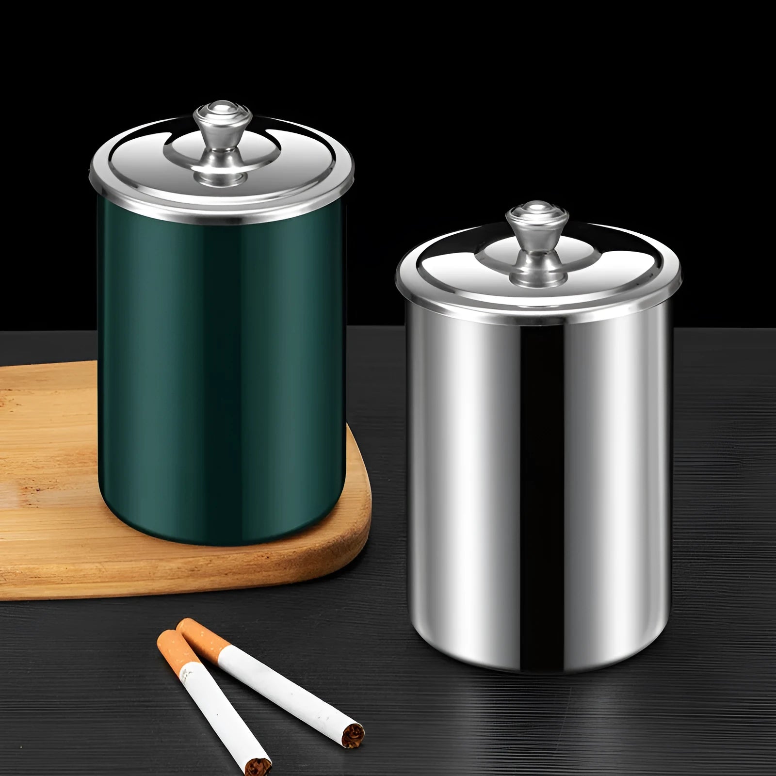 Stainless steel fly ash ashtray with cover, funnel, and smoke button.