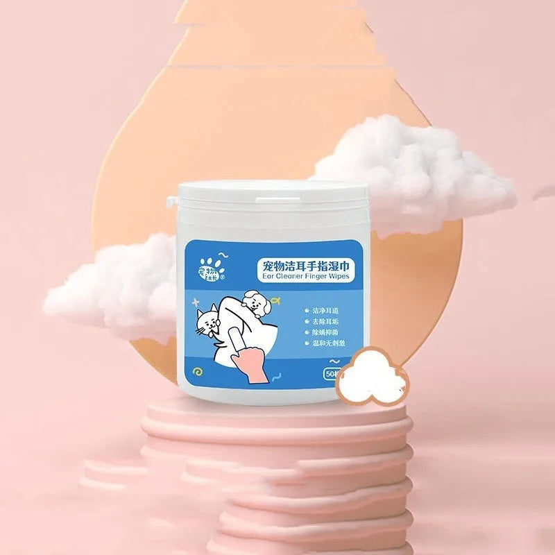 Pet finger wipes for dental and ear cleaning in a box with 50 pieces
