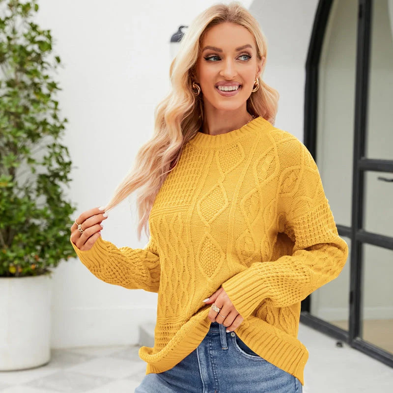 Women's casual round-neck pullover sweater with cable-knot pattern in red, white, yellow, and black