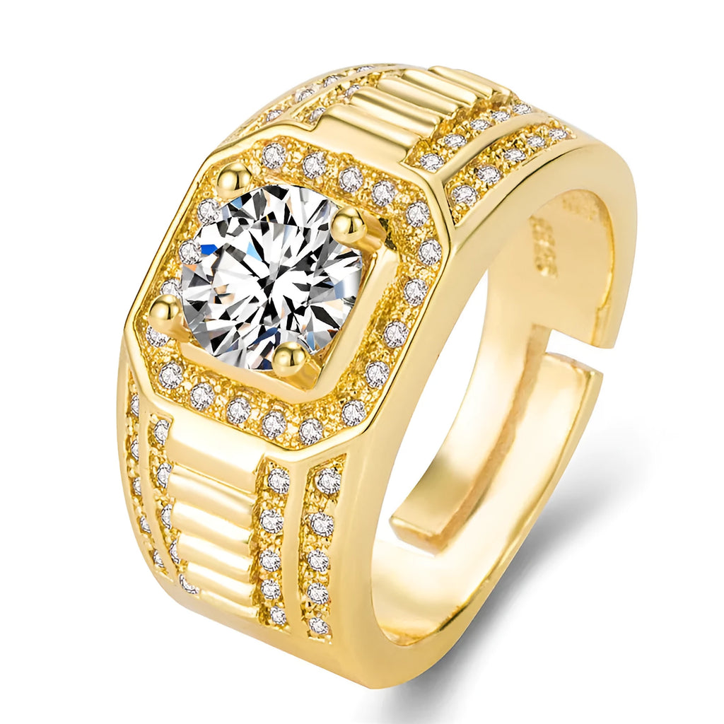 Men's large square diamond copper ring with adjustable opening in gold or platinum finish