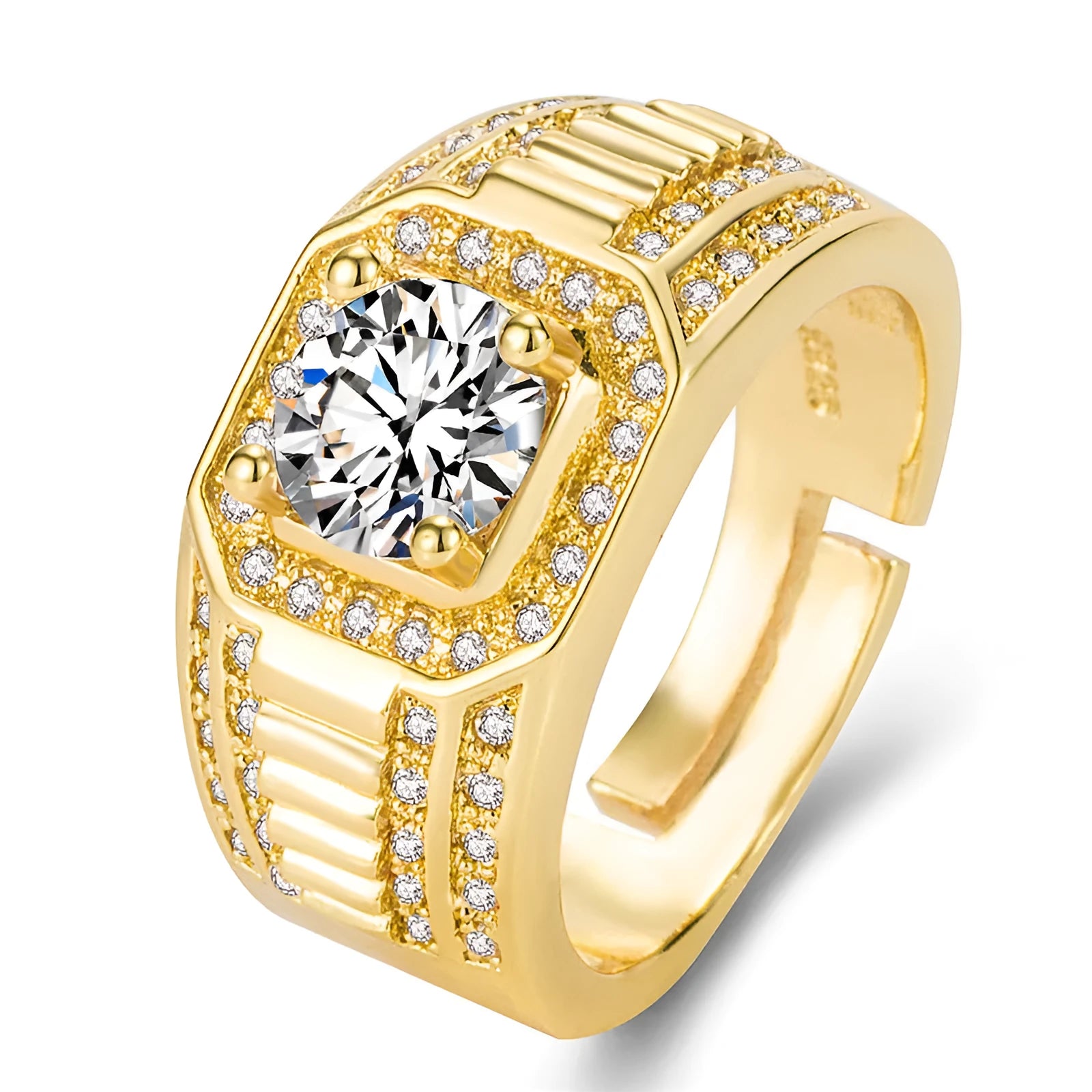 Men's large square diamond copper ring with adjustable opening in gold or platinum finish