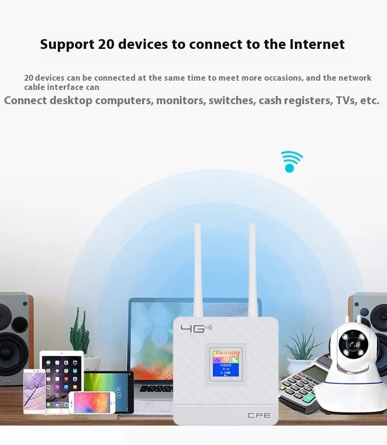 Dual antenna LTE router with USB cable and power adapter for home office shared display connectivity