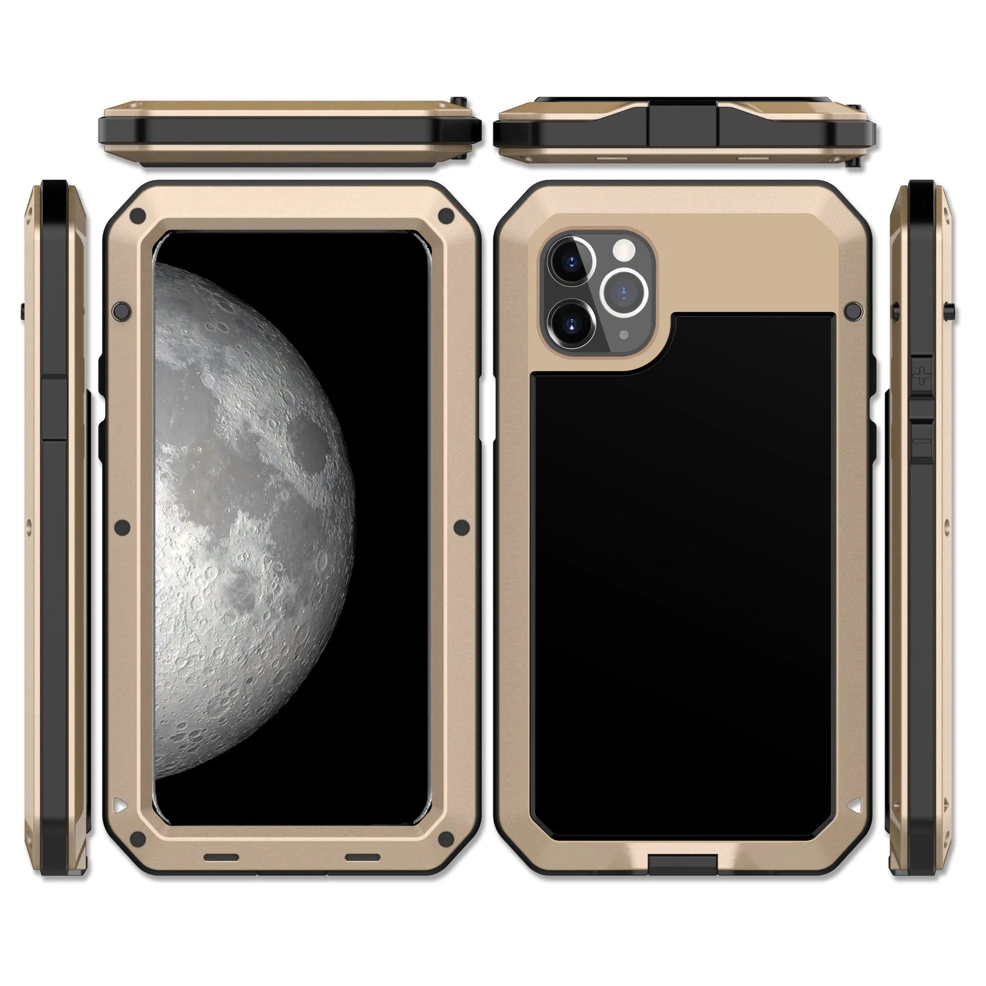 Metal three-proof phone case for iPhone in black, all-inclusive design with cutouts for ports and camera