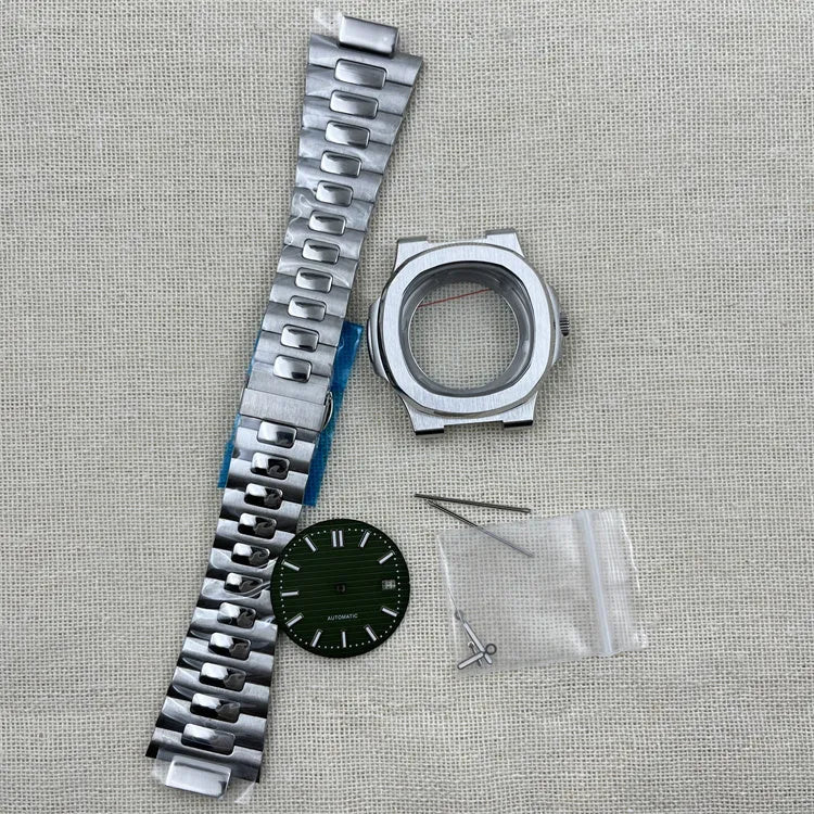 Watch assembly kit with precision steel case and band, 42mm diameter, push crown, silver black colour