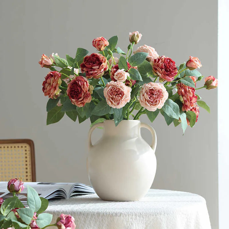 Three-head artificial silk rose with baked edge finish in beige for wedding decor and home decoration
