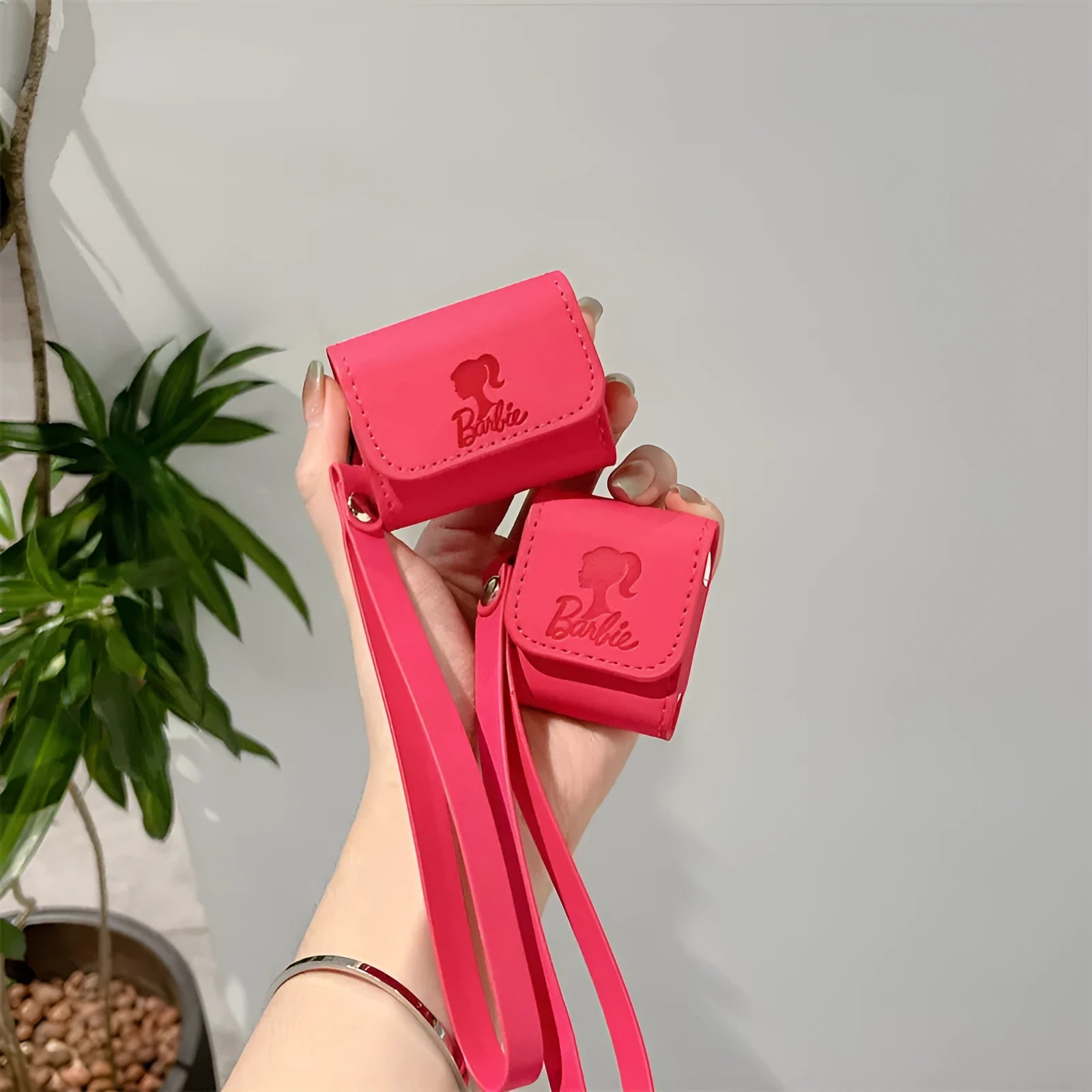 Rose red TPU earphone case with leather lanyard for AirPods, embossed cartoon pattern