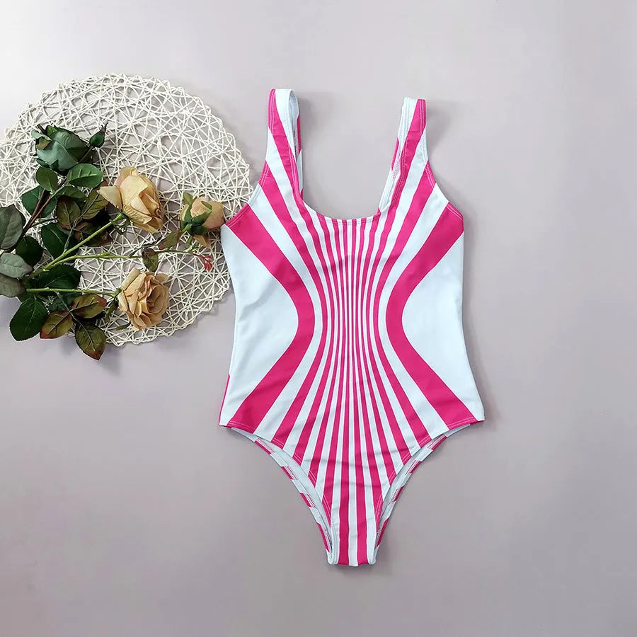 Pink striped digital print women's one-piece swimsuit shown from front and back.