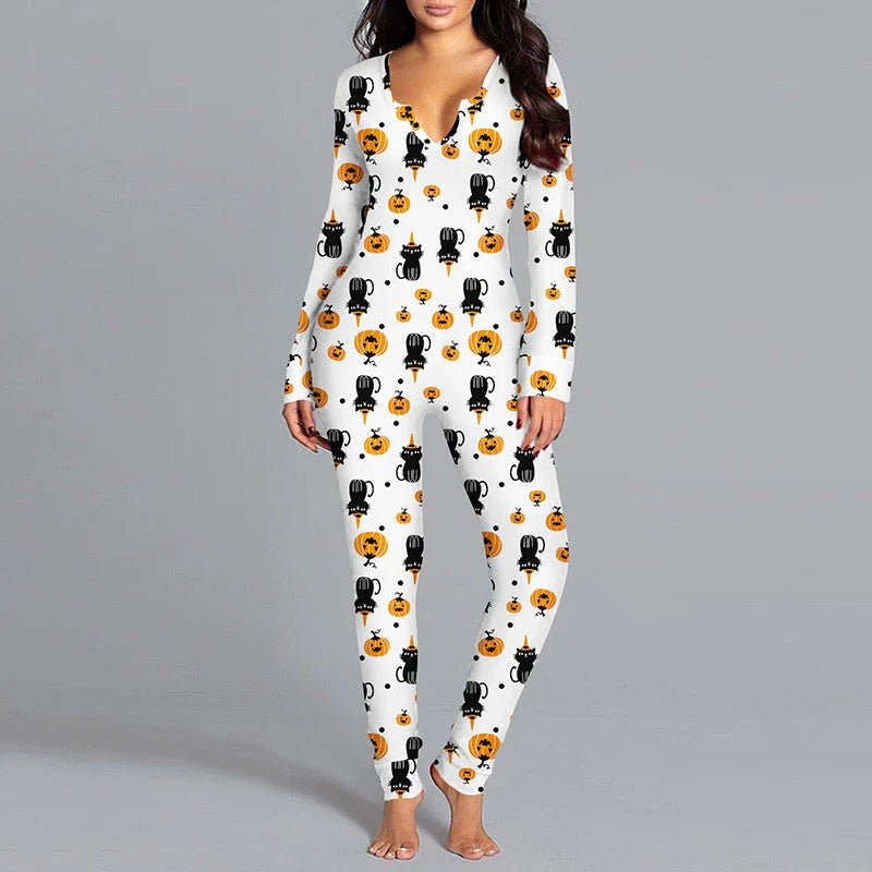 Stylish Halloween-themed pajama jumpsuit with long sleeves and a variety of vibrant prints