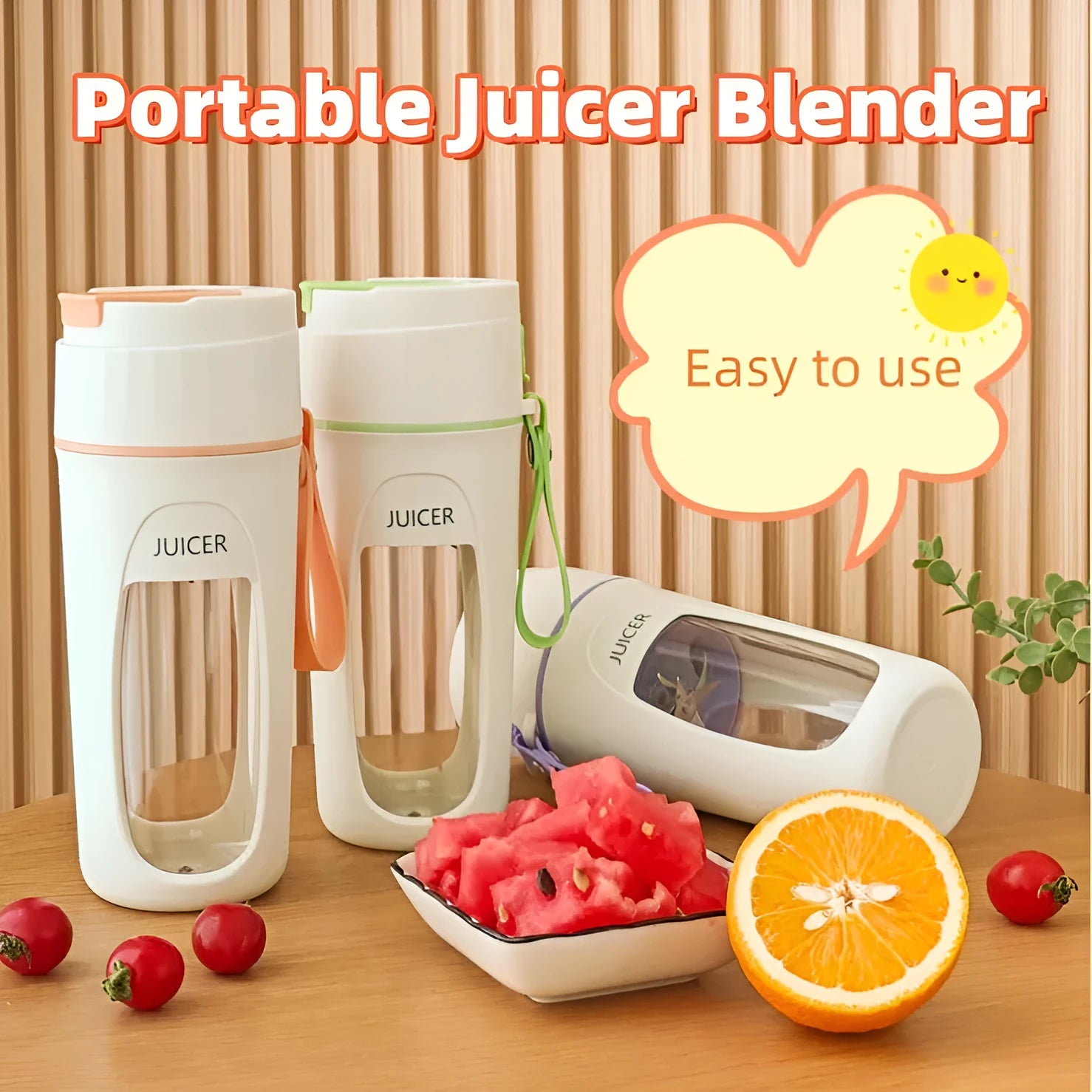 Fresh Orange portable USB blender with borosilicate glass cup on a table