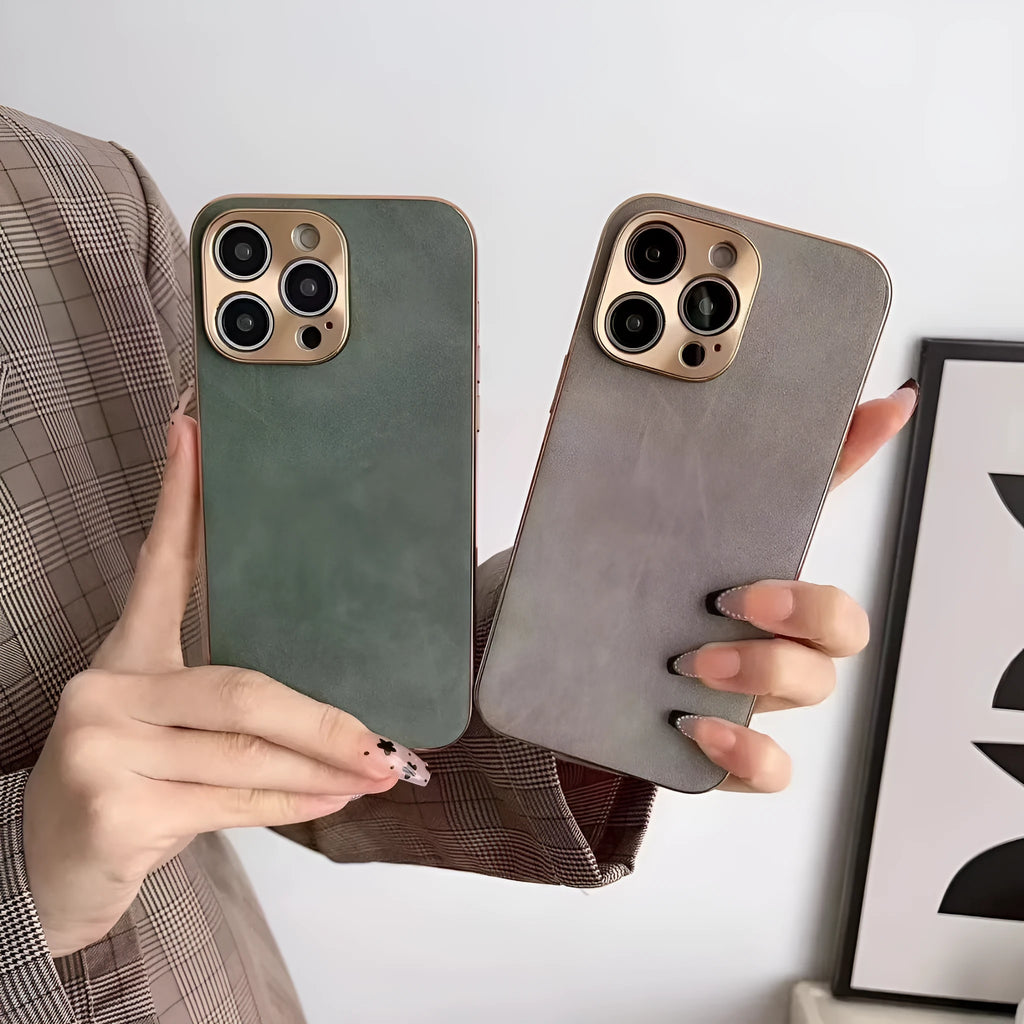 A solid-colour phone case with a leather texture, shown in grey, for an iPhone model.