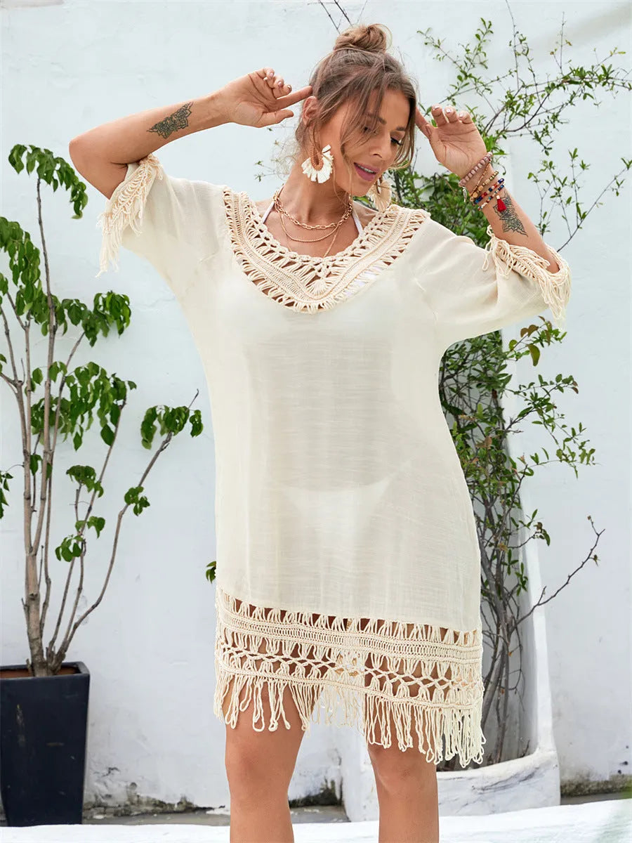 Apricot hand-crocheted beach dress with polyester lining for women