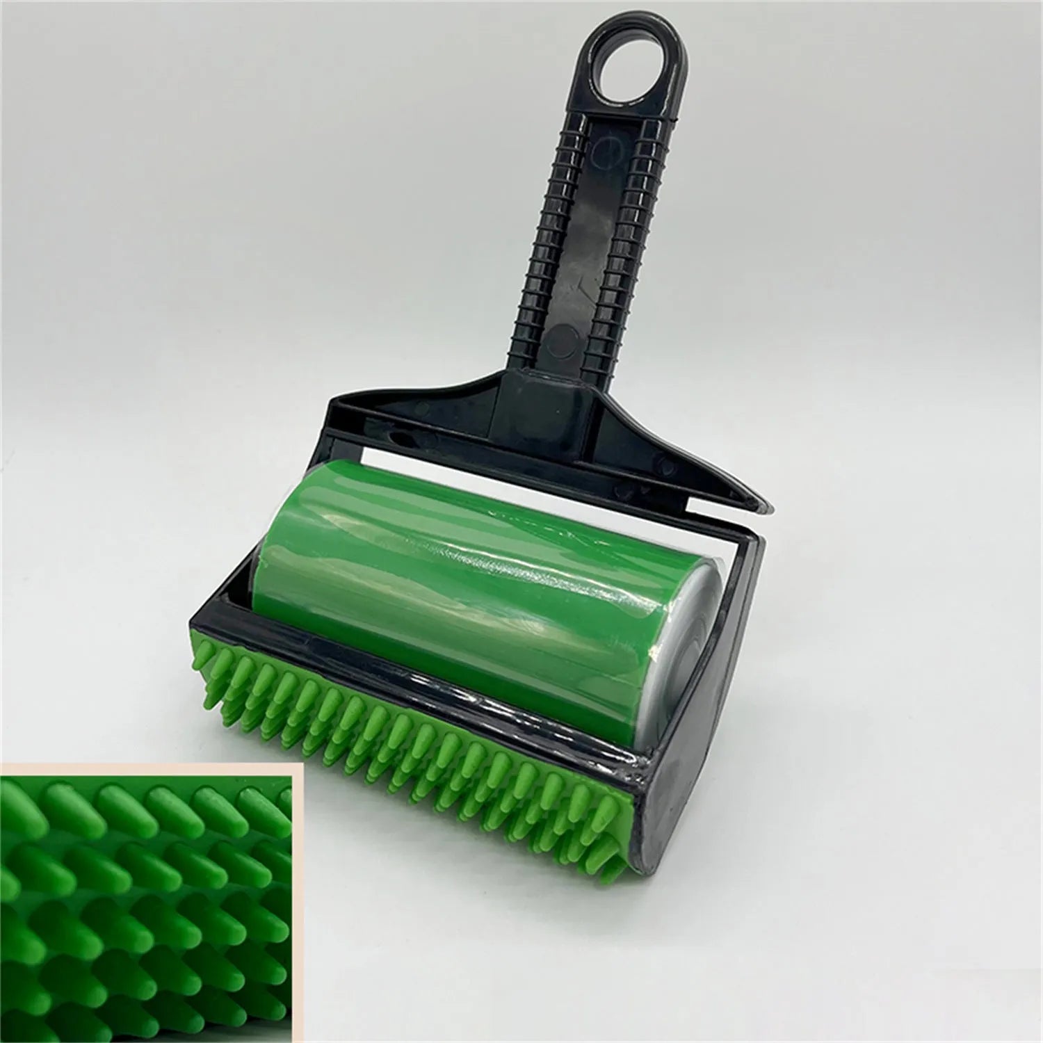 Yellow and green washable adhesive lint rollers for pet hair removal on a fabric sofa.