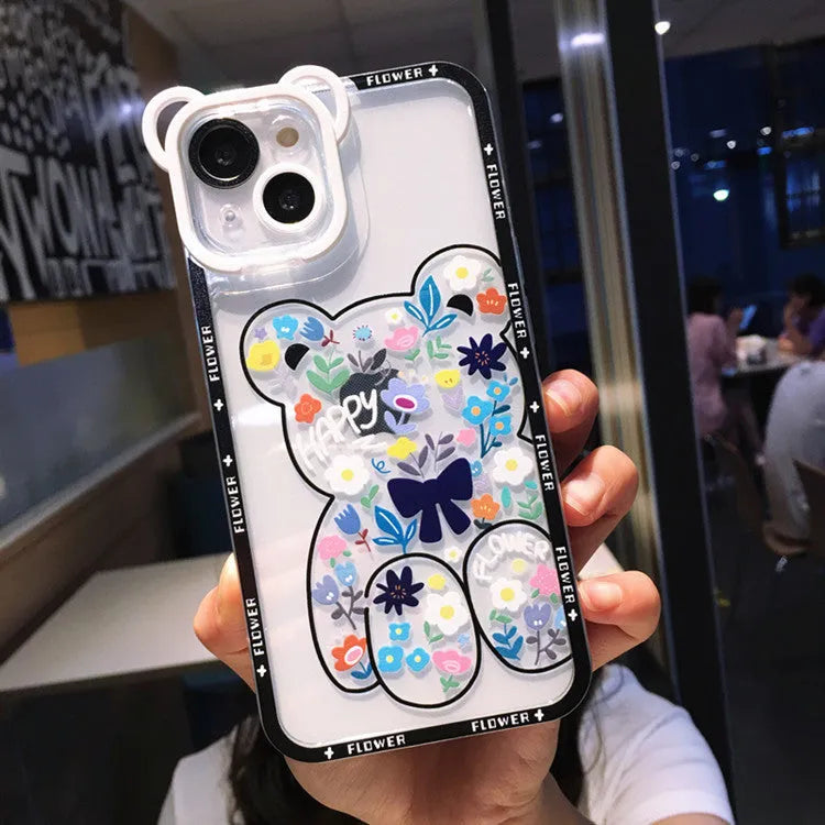Hand-painted TPU phone case with cartoon bear and flower holder in black and green for Apple iPhone