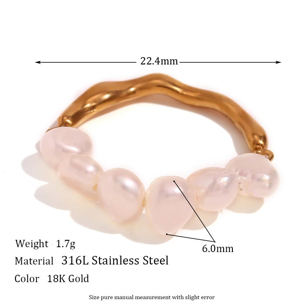 Women's stitching metal ring with freshwater pearl in gold, sizes no.6, no.7, no.8