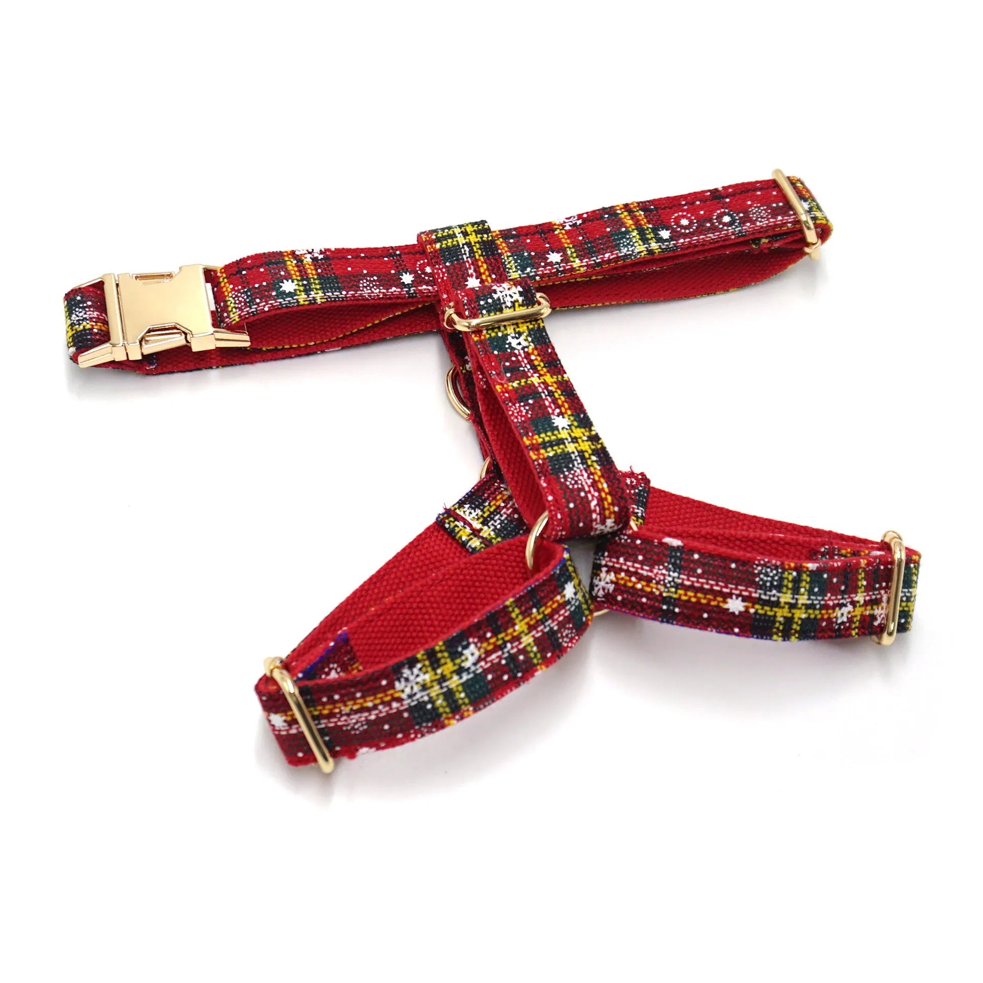 Red cloth Christmas dog collar and harness set with matching bow tie and waste bag holder on size tag