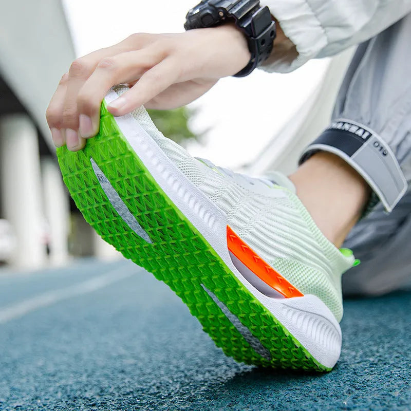 Blue men's casual mesh sports shoes with a round toe and plastic sole, shown on a white background.
