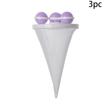 Ultra-fine mesh washing machine lint catcher in purple, blue, and pink for effective hair and lint removal