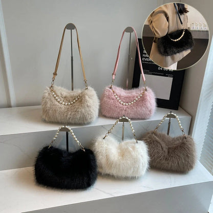 Autumn and winter pearl chain crossbody bag in plush material, available in multiple colours