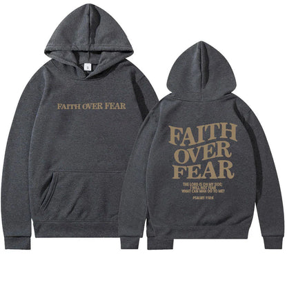 Inspirational Christian hoodie with 'Faith Over Fear' graphic in various colors