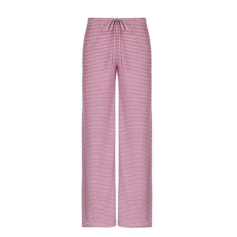 Women's striped print trousers with lace-up detail and wide-leg design in various colours