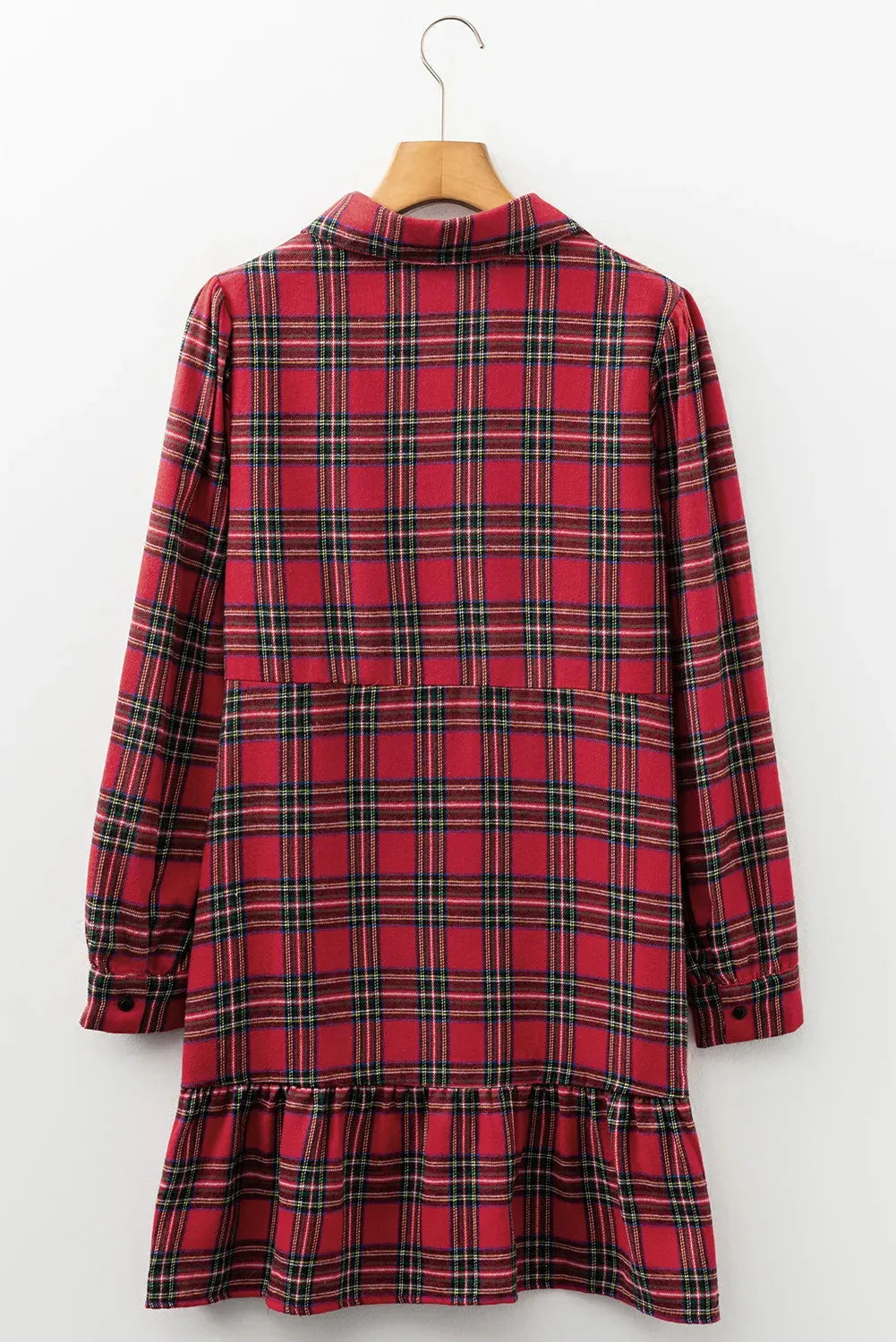 Red plaid check mini dress with shirt collar and ruffle hem detail