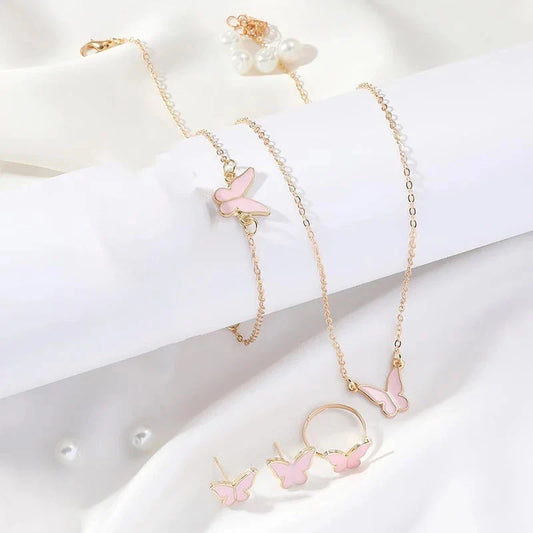 5-piece butterfly pendant jewellery set for women, including necklace, earrings, ring, and bracelet in various colours