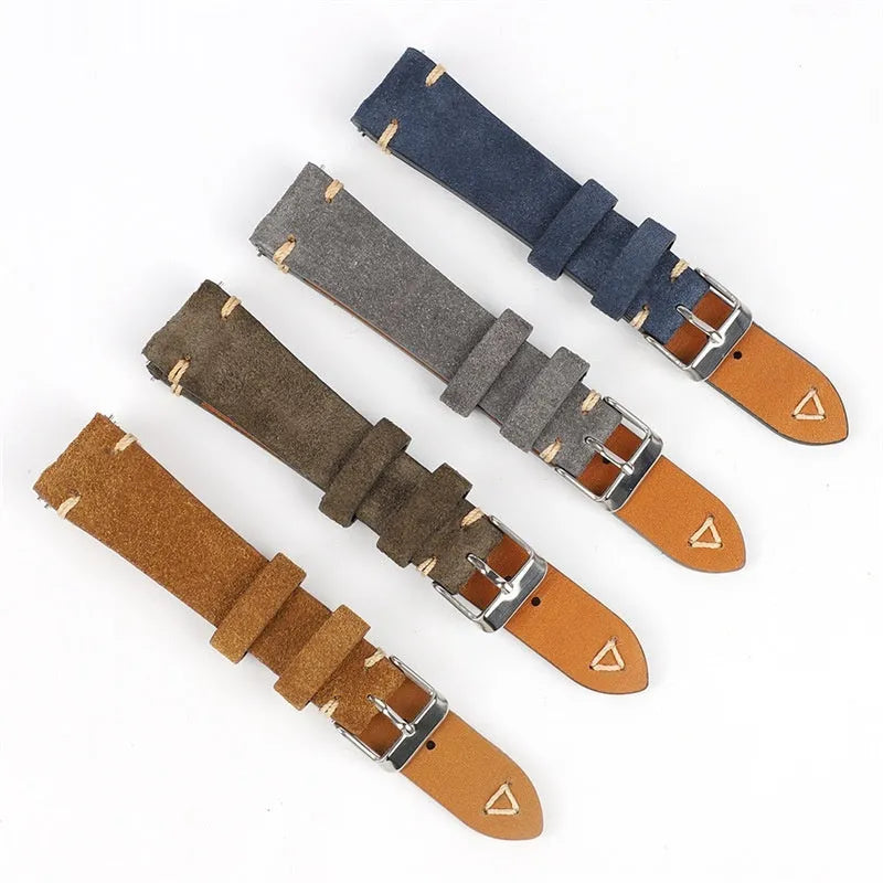 Genuine suède leather watch strap shown in brown, blue, grey, and Army Green colours for 20mm and 22mm watches.