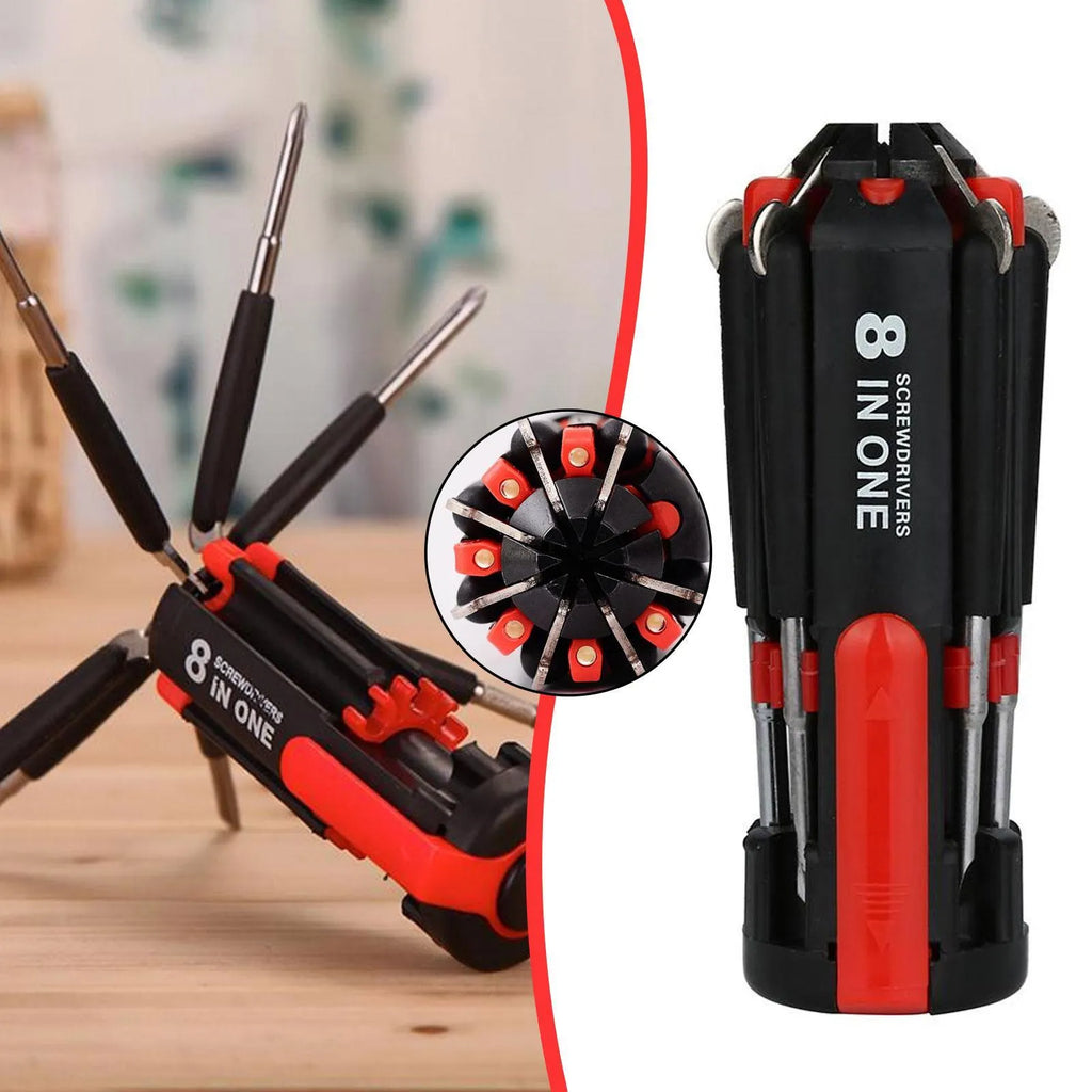 8-in-1 screwdriver with LED flashlight, stainless steel body, magnetic heads, retractable 20cm length