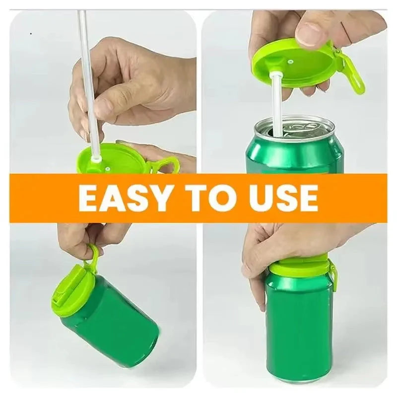 Reusable soda can lid with straw for spill-free drinking, fits all standard cans
