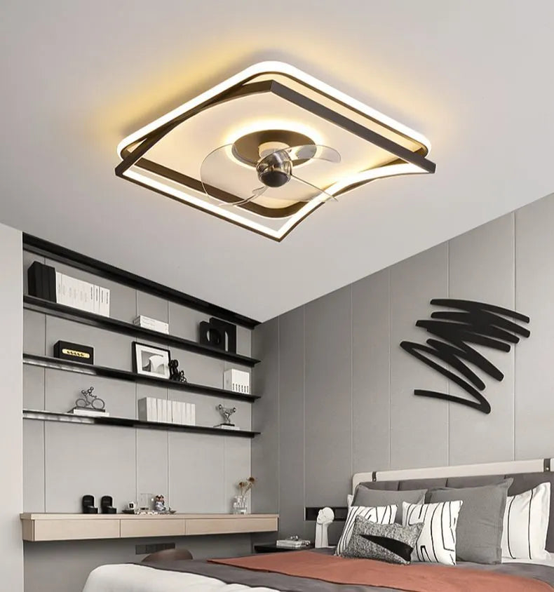 Modern black ceiling fan lamp with integrated lighting and remote control for bedroom or dining room