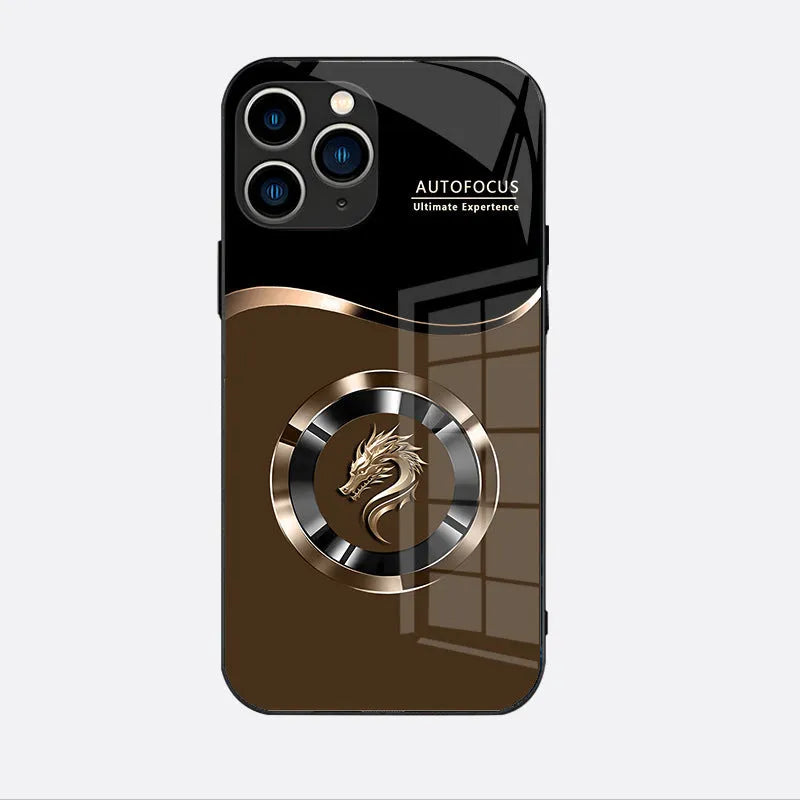 Metal liquid glass all-inclusive drop-resistant phone case in black with Chinese-style wave pattern for Apple iPhone