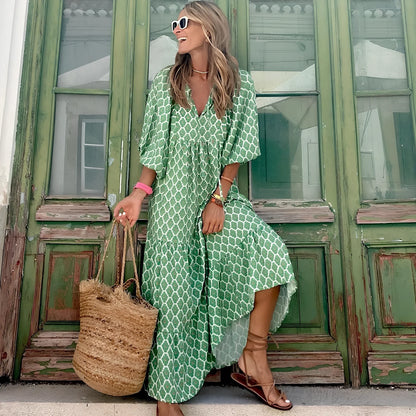 Women's vintage floral print bohemian dress with V-neck and short sleeves in green colour