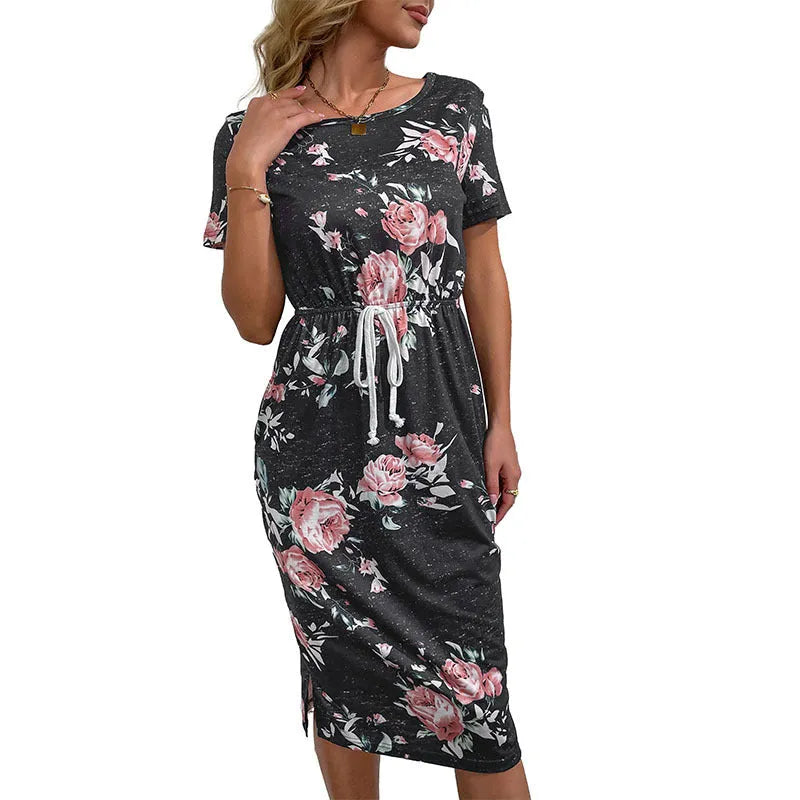 Casual women's black high waist printed polyester dress front view