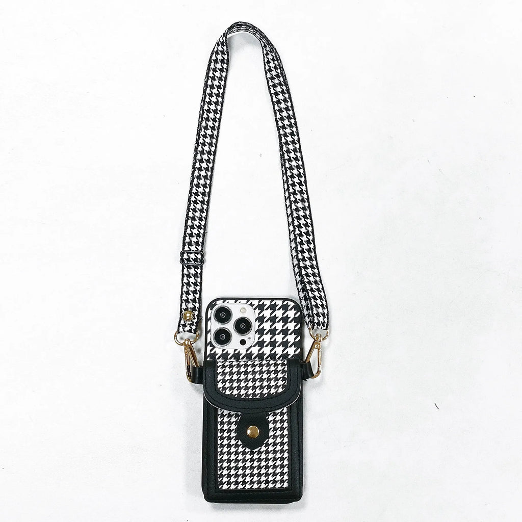 Houndstooth leather-look card case lanyard phone cover for iPhone with TPU+PC back shell