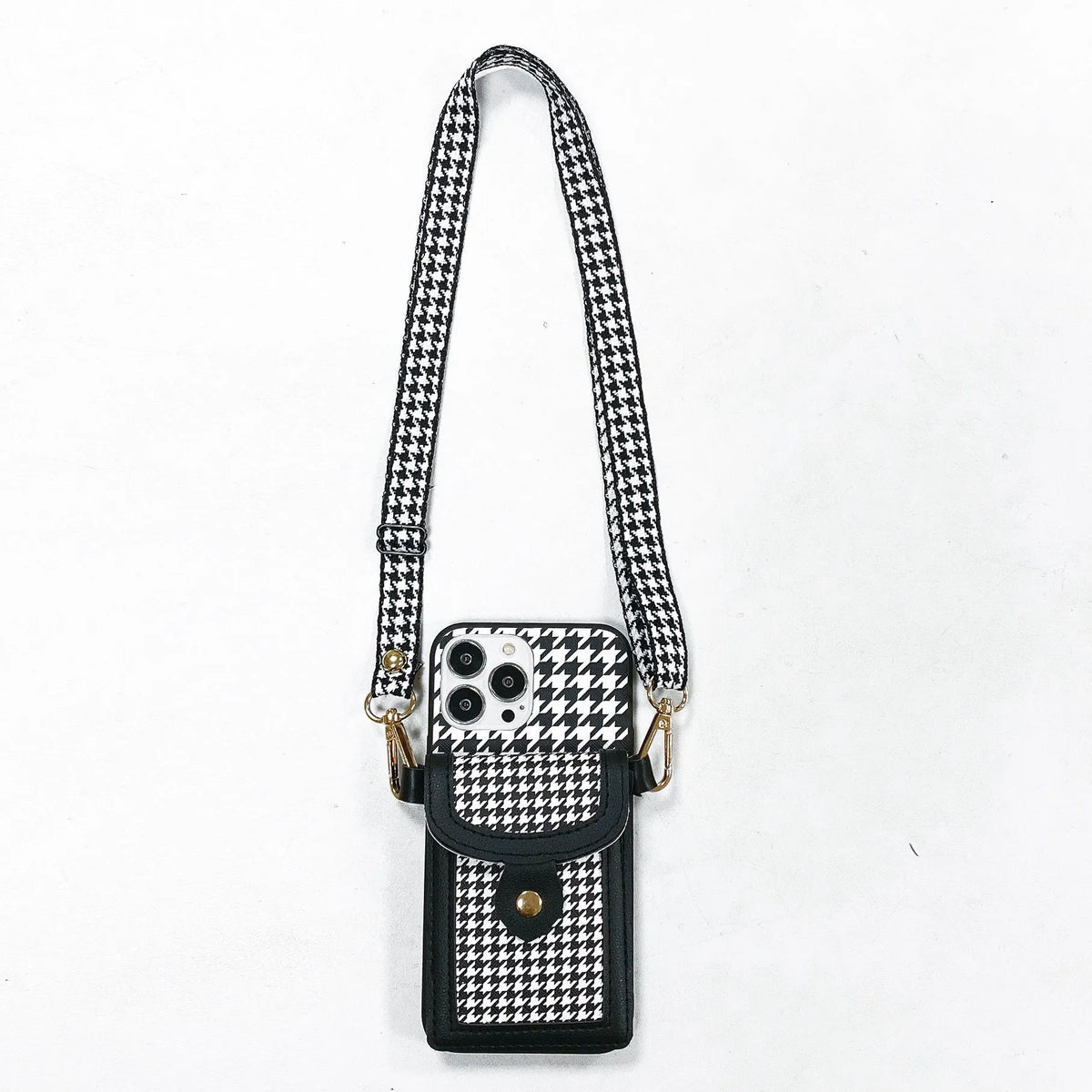 Houndstooth leather-look card case lanyard phone cover for iPhone with TPU+PC back shell