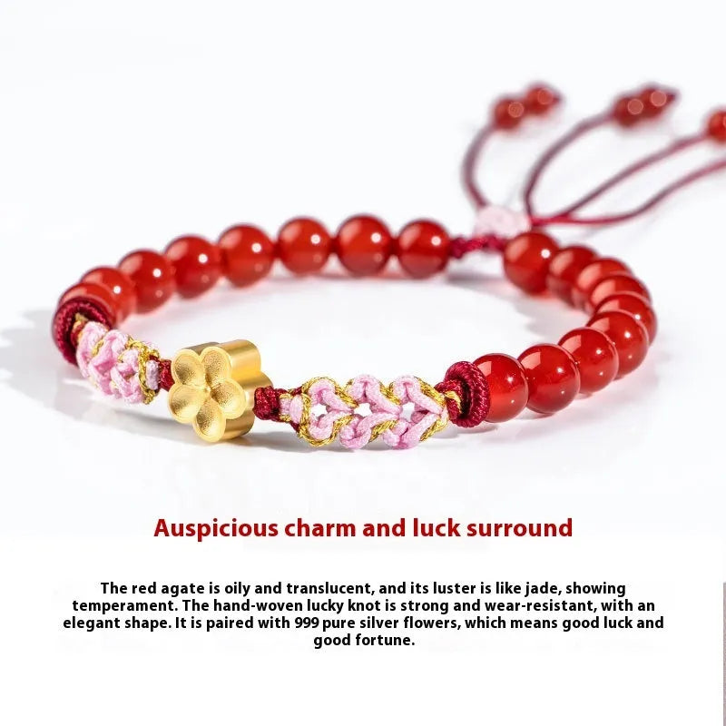 Hand-woven red rope bracelet with crystal diamond and peach blossom decoration in Chinese style