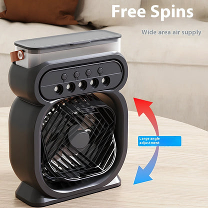 Black 3-in-1 portable USB air cooler with 7-colour LED lights, 170x75x240mm, showing water tank and speed controls