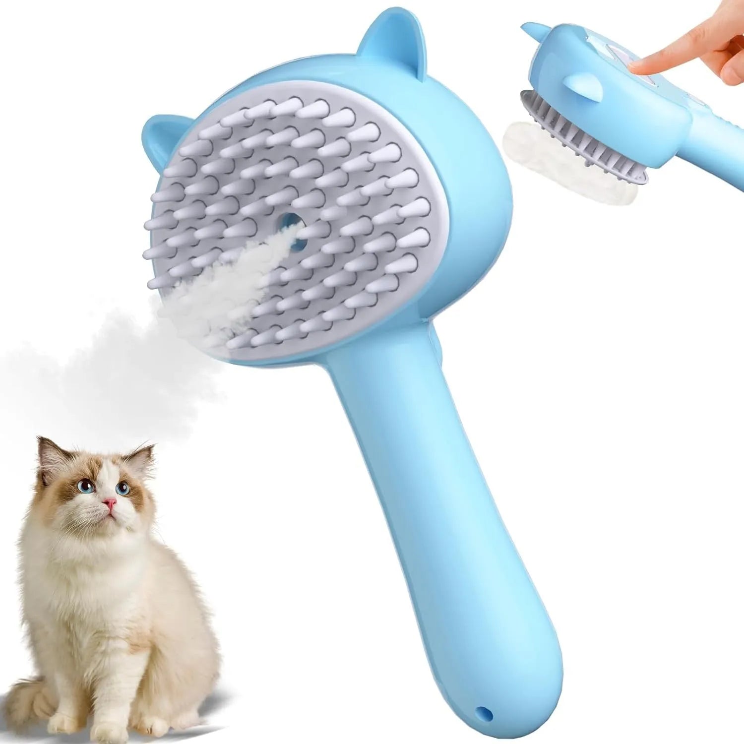 Blue pink yellow 4-in-1 pet steam brush with cat ear-shaped handle and release button