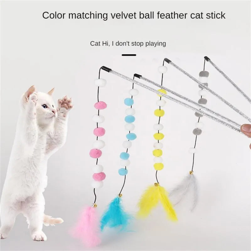 31cm long cat teaser rod with feather and bell attachment in multiple colour options