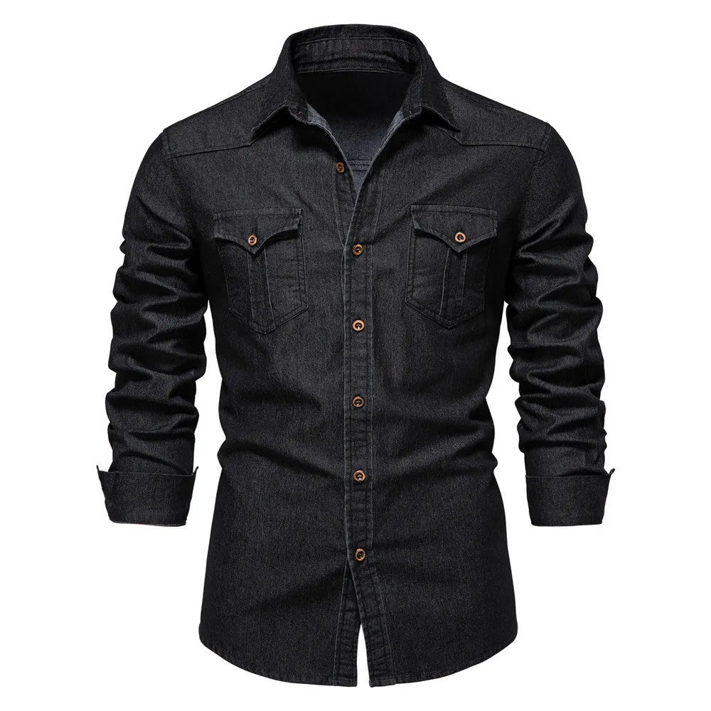 Men's slim-fit long-sleeved denim shirt in a solid colour on a hanger.