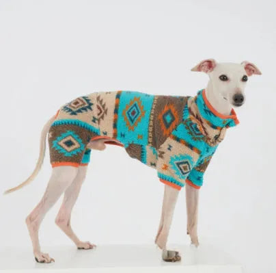 Thick four-legged dog clothing in red with diamond pattern, for autumn winter use