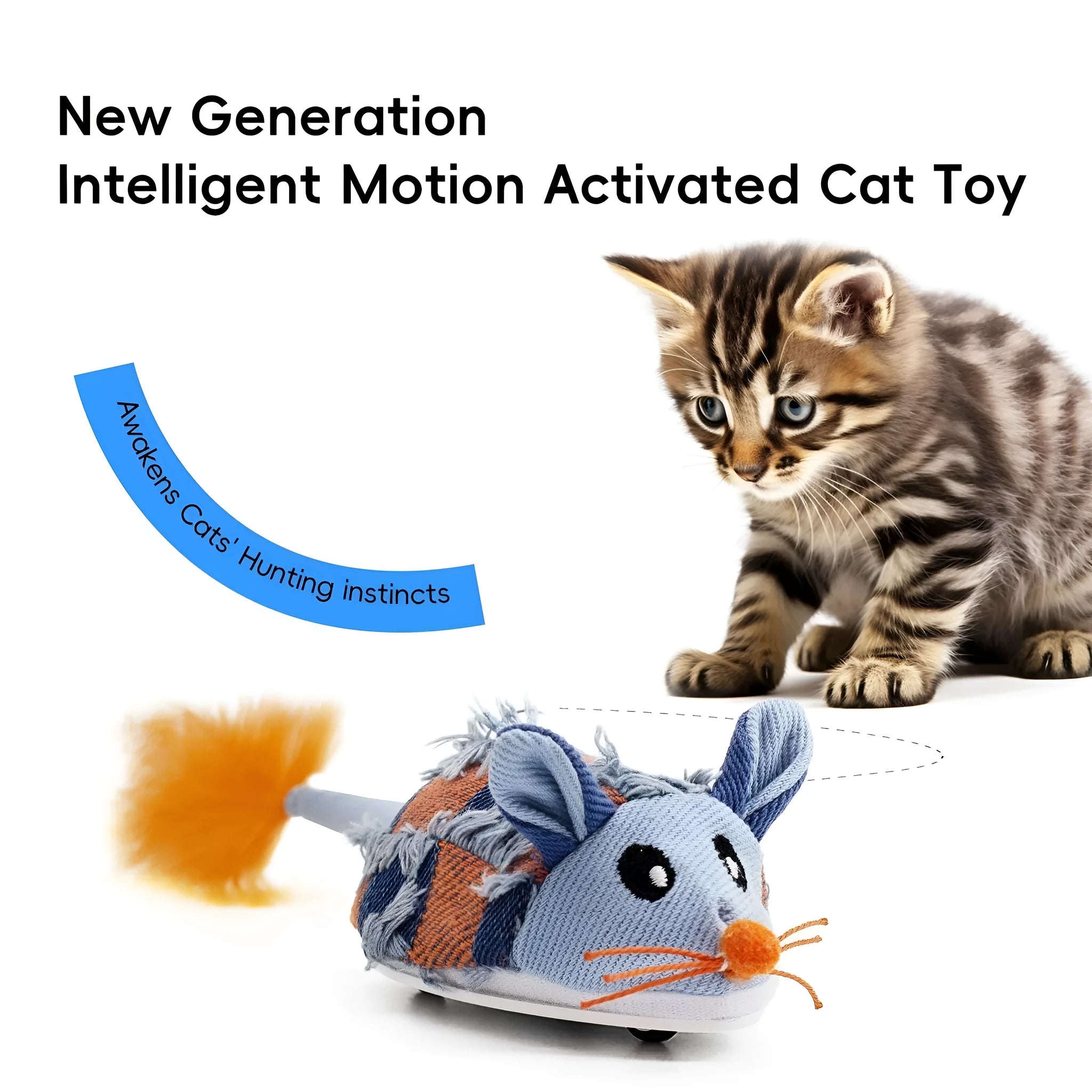 Electronic moving mouse cat toy with feather tail in blue and yellow colour options